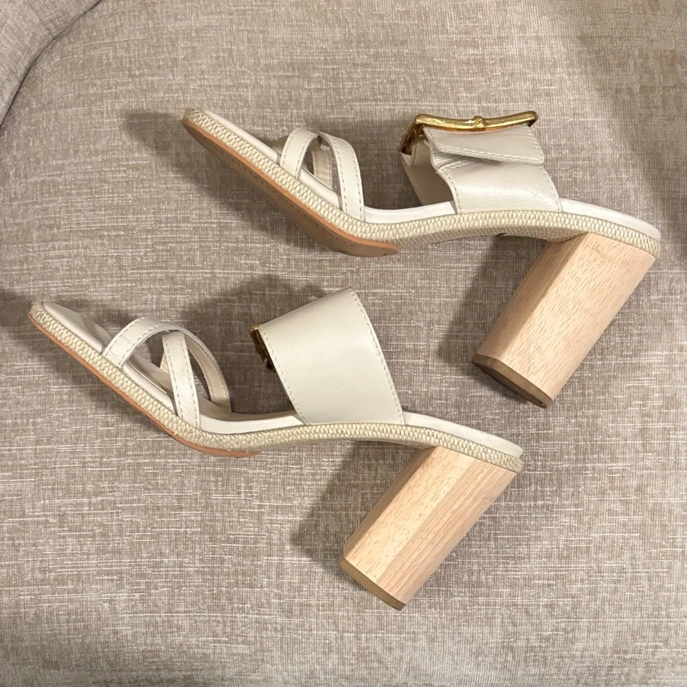 Vince Camuto Cream Block Heel Sandals with Gold Buckle - Picture 4 of 5